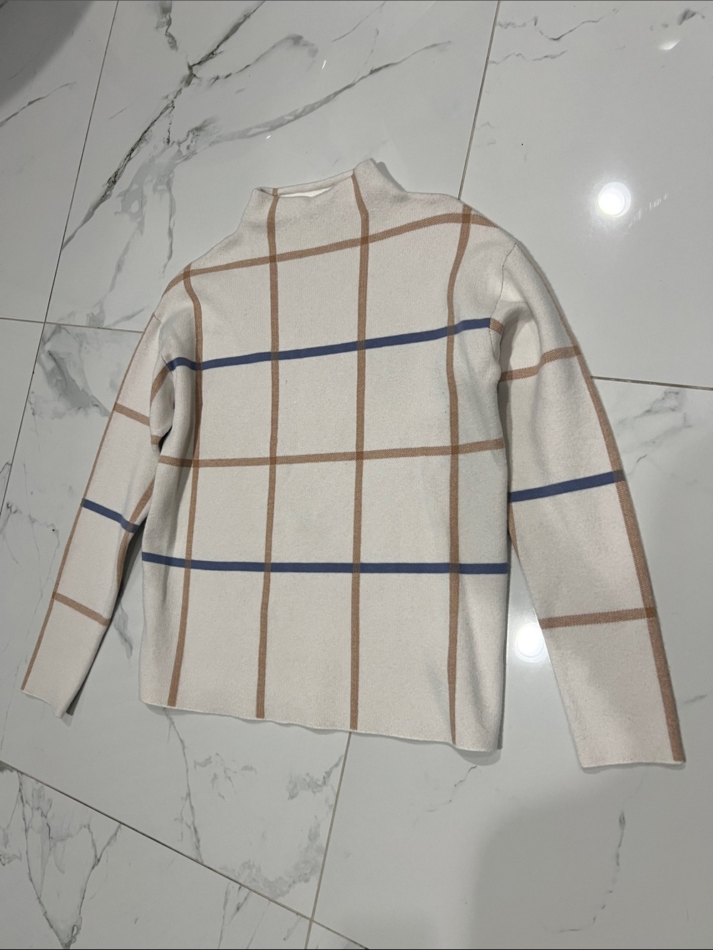 Tahari Cream Turtleneck Sweater with Tan and Blue Windowpane